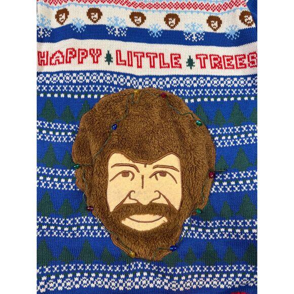Spencers Christmas Sweater Bob Ross Embroidered Graphic Knit Pullover Lights M - Picture 7 of 7
